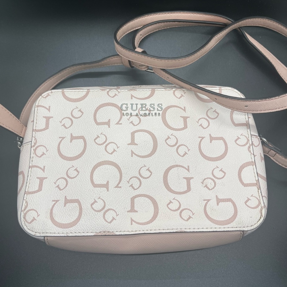 Guess Logo Patterned Cream and Pink Crossbody Bag